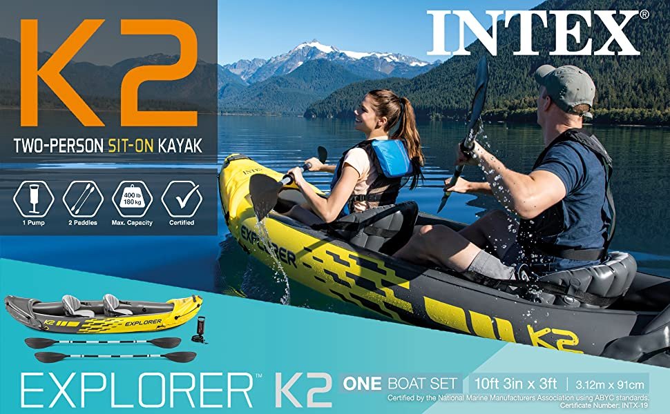 Intex Explorer K2 Kayak, 2-Person Inflatable Kayak Set with Aluminum Oars and High Output Air Pump