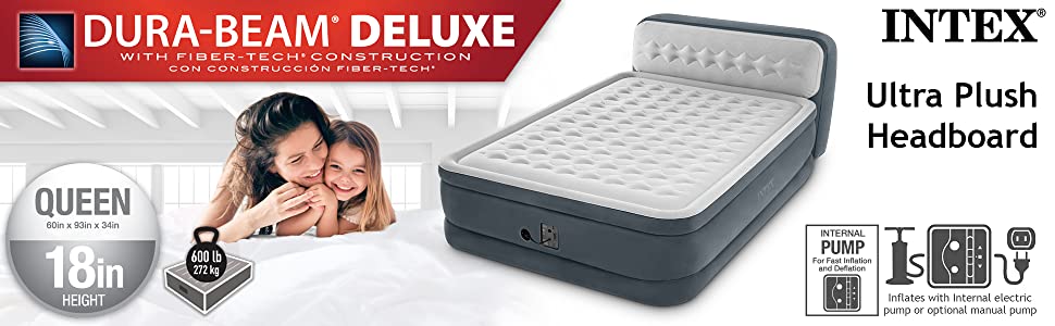 Intex 64447EP Ultra Plush Deluxe Air Mattress with Pump and Headboard, Queen