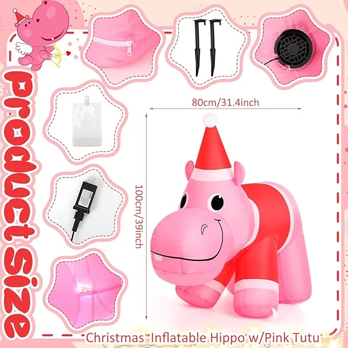 Christmas Hippo Inflatable with LED Lights | Leyndo 2.6FT
