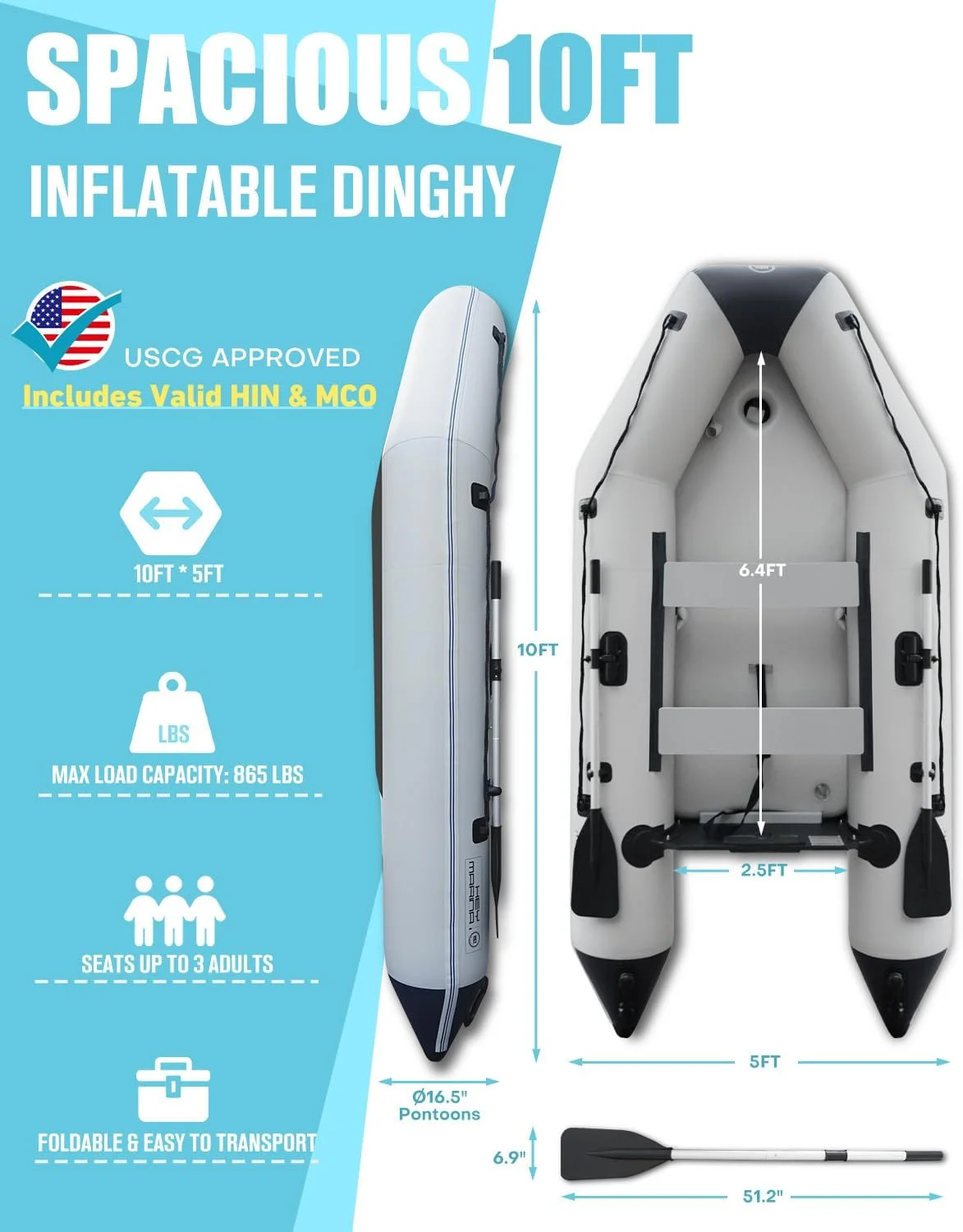 10FT Inflatable Dinghy Boat for 2–3 Adults – Heavy-Duty