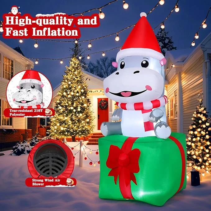 Christmas Hippo Inflatable with LED Lights | GOOSH 6.8FT