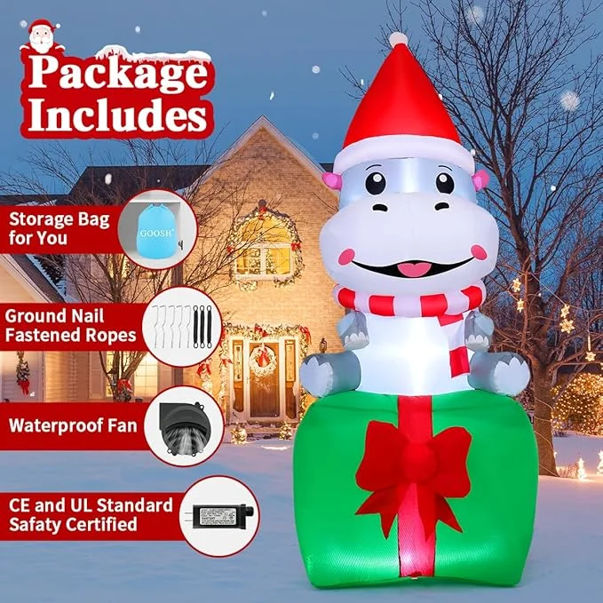 Christmas Hippo Inflatable with LED Lights | GOOSH 6.8FT