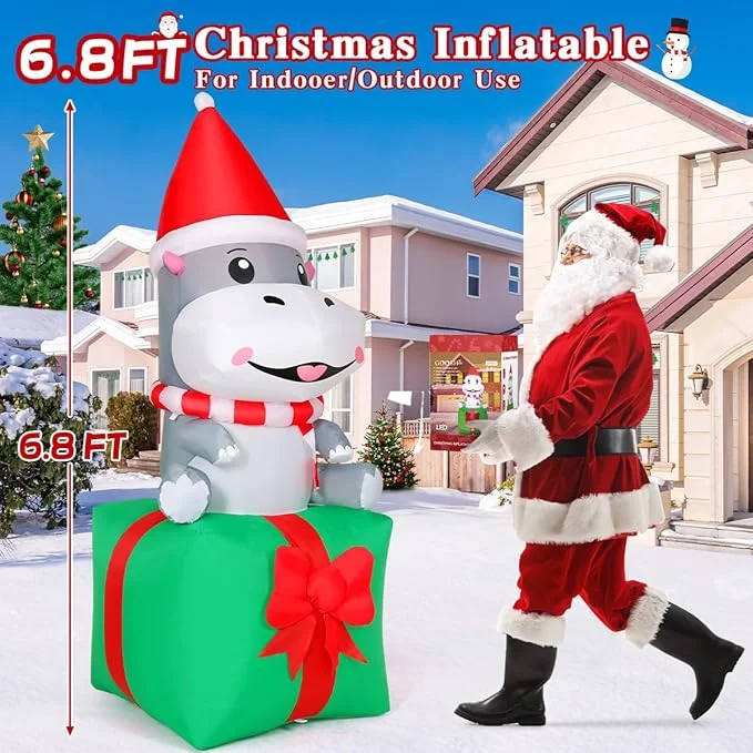 Christmas Hippo Inflatable with LED Lights | GOOSH 6.8FT
