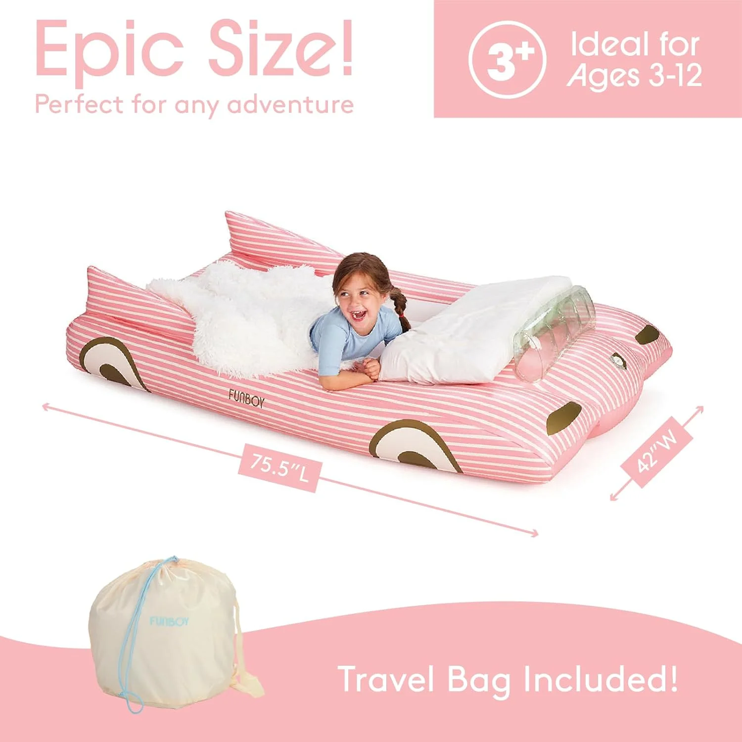 FUNBOY Kids Pink Inflatable Travel Bed | Mattress Twin CaseRetry